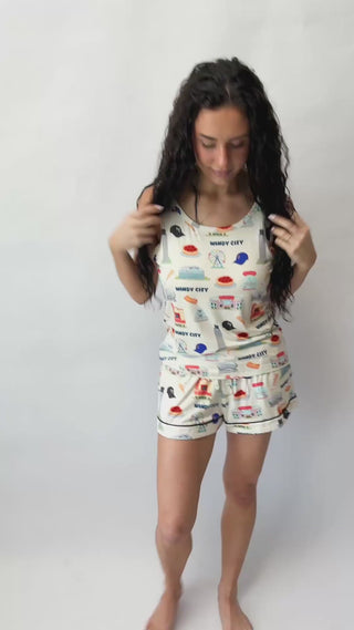 A buttery soft bamboo tank and shorts pajama set featuring cooling temperature-regulating fabric, adjustable drawstring shorts, and cozy Chicago-inspired artwork for luxurious sleep.