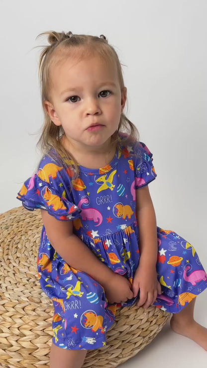 Purple Space Dinosaur Baby Dress with Snap Bottom