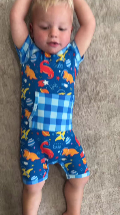 Space Dinosaur Bamboo Short Romper | Electric Blue