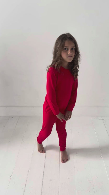 Red & Green Bamboo Pajamas – Soft Holiday Long Johns for Kids