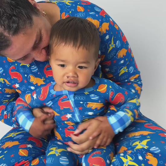 mommy and me blue dinosaur bamboo mother and son matching pajamas