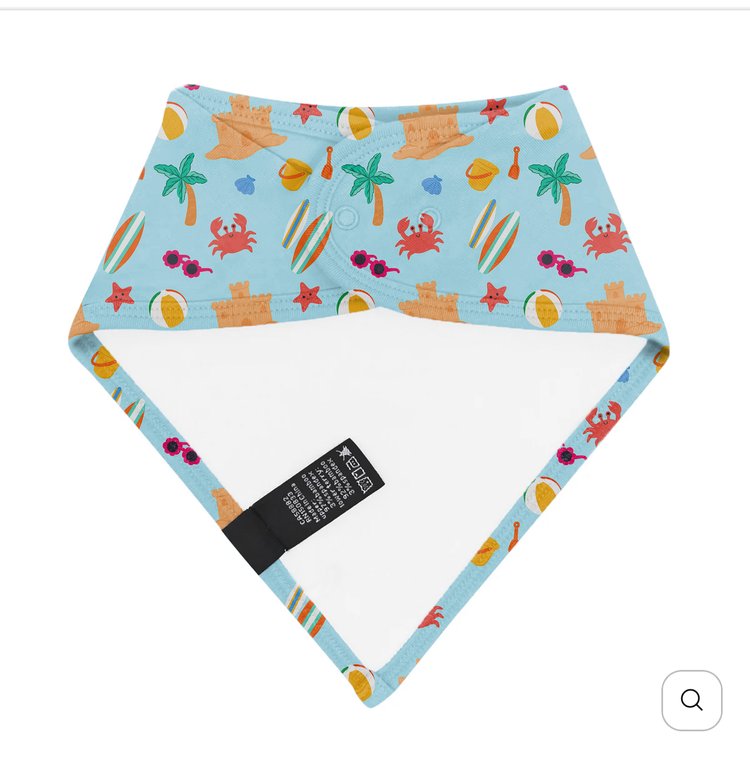 Colorful bandana with beach-themed design on a white background