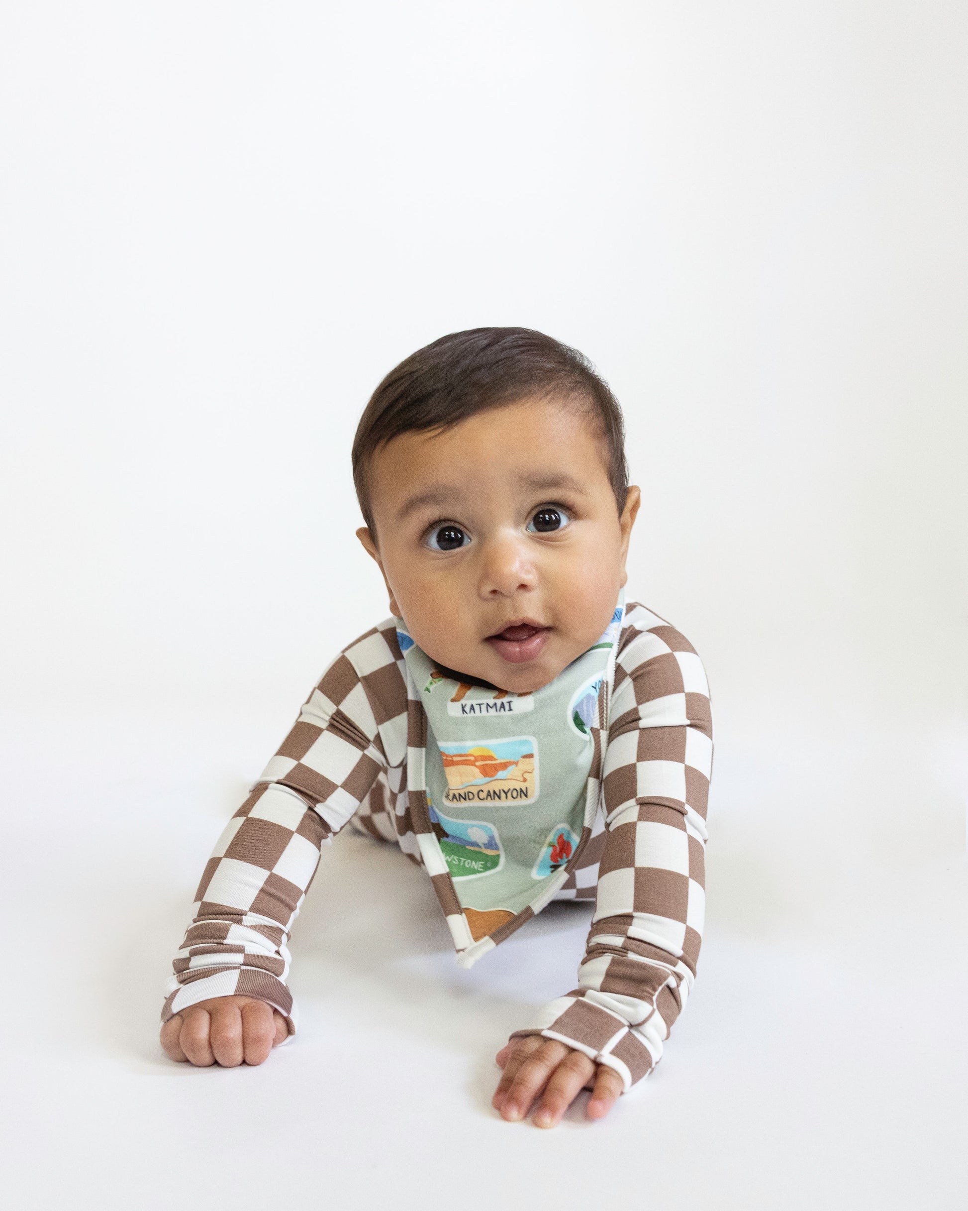 Baby wearing a brown and white checkered outfit with a colorful bib on a white background