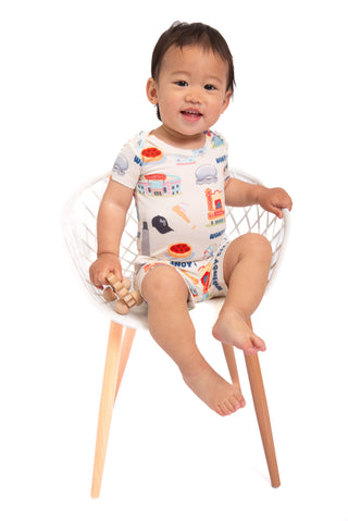 Soft Chicago bamboo baby short set with hidden snap bodysuit, buttery bamboo fabric, and Windy City artwork for cozy comfort.