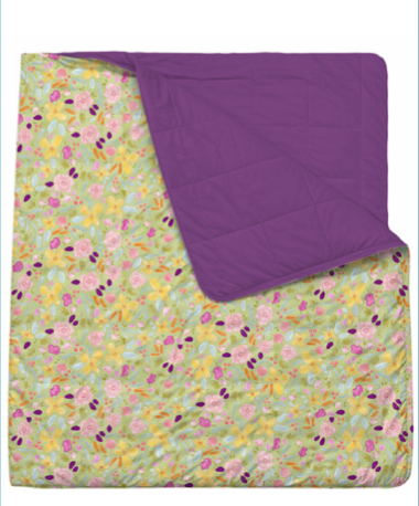 Floral-patterned blanket with a purple backing on a white background