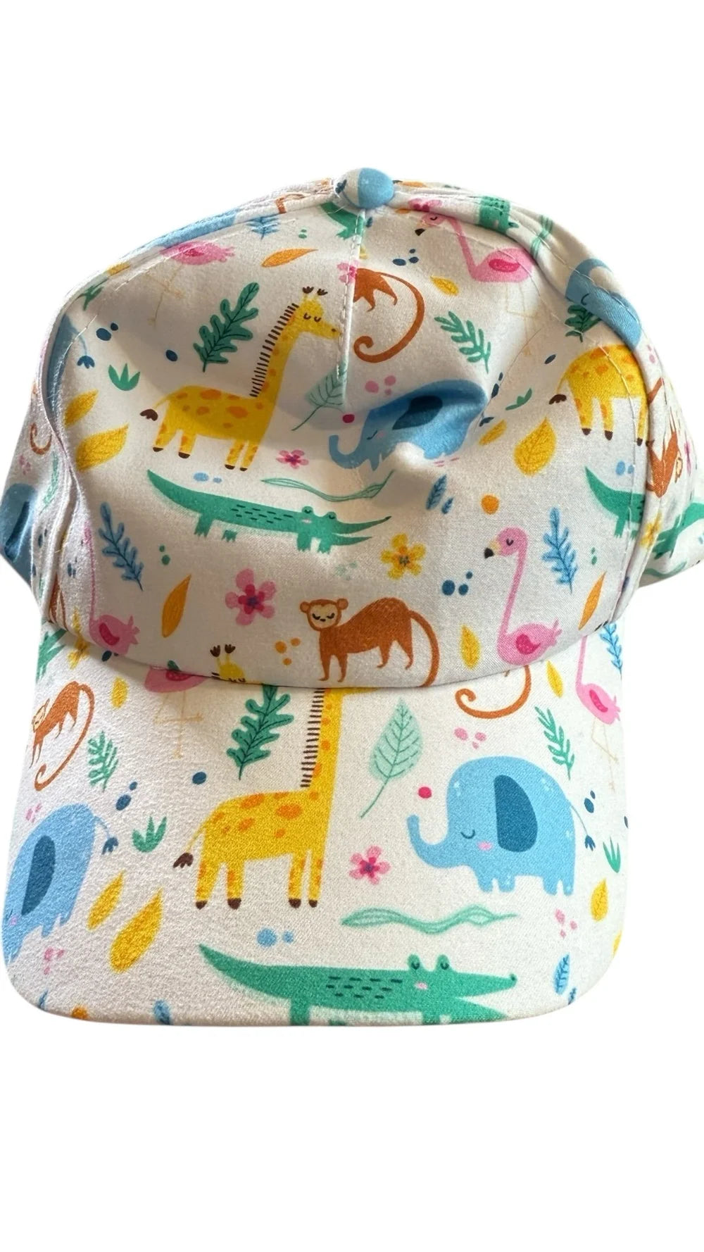 Colorful animal-patterned cap on a white background
