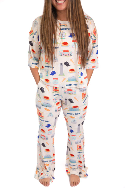 A buttery soft bamboo pajama set featuring an oversized short sleeve top, flare pants, and cooling temperature-regulating comfort inspired by cozy Chicago memories.