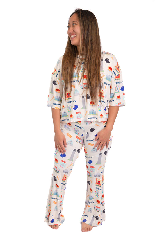 women pajamas, bamboo pajamas, flare pants pajamas, oversized pajama set, Chicago pajamas, Windy City, luxury sleepwear, cooling pajamas, bamboo lounge set, soft pajamas, cozy lounge wear, breathable sleepwear, hot sleeper pajamas, viral pajamas, matching family pajamas